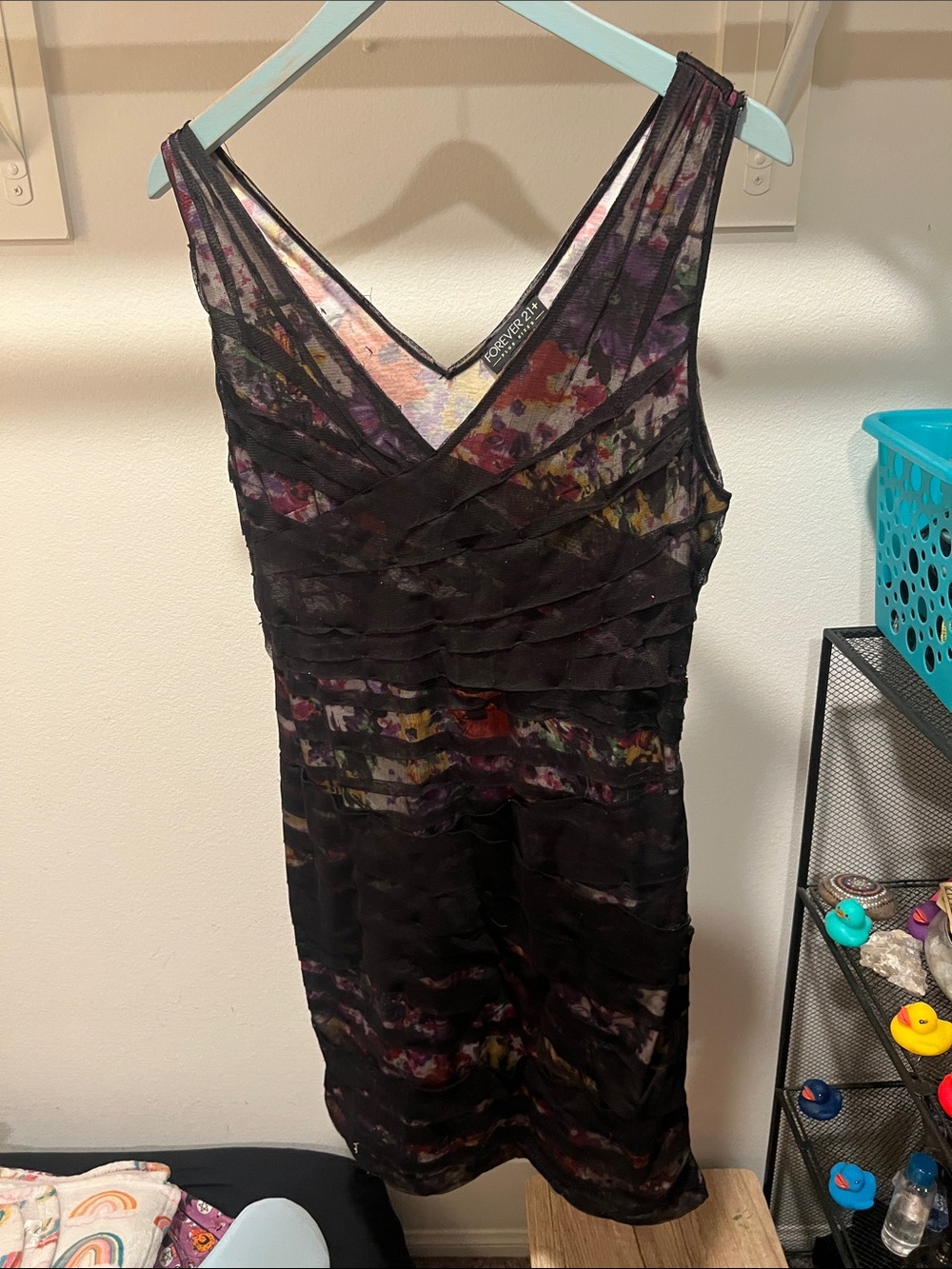 Forever 21 Black Layered V-Neck Midi Dress with Floral Underlay